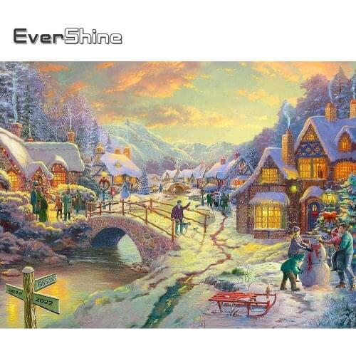 EverShine Diamond Embroidery Landscape Needlework Cross Stitch Diamond Painting 5D Winter House Mosaic Art Set Lake Home Decor