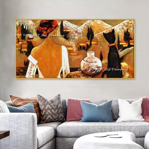 Large Artist Handmade Girl And Cat Oil Painting On Canvas 100% Handmade Abstract Figure Animal Cat Painting for Living Room
