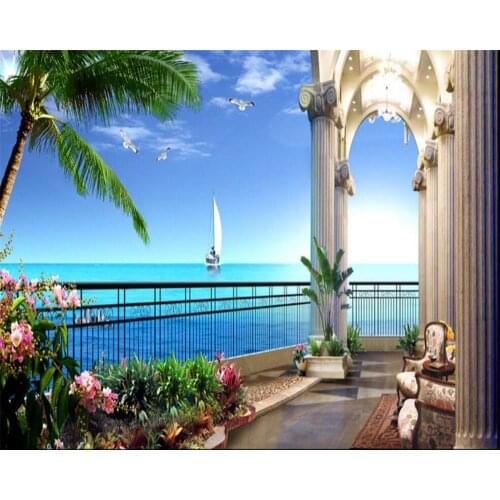 Beibehang Large 3D Wallpaper HD Seaview Room Sea Coconut Tree Balcony Picture in Picture wall paper home decor papel de parede