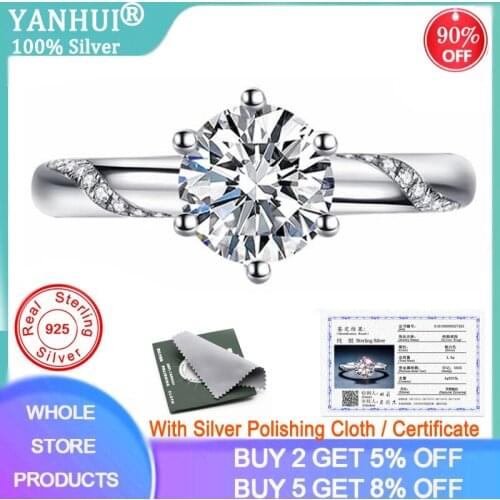 YANHUI With Certificate 6mm 1.0CT Lab Moissanite Diamond Ring 925 Sterling Silver Fine Jewelry Wedding Rings for Women R363