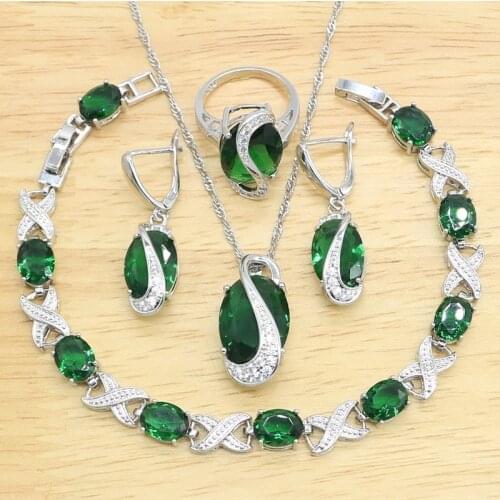 Green Emerald 925 Silver Jewelry Sets For Women Wedding Bracelet Necklace Pendant Earrings Ring Birthday Gift