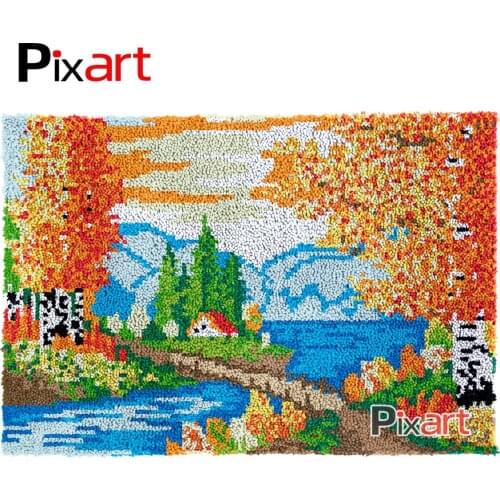 Latch Hook Rug Autumn Landscape Crocheting Tapestry Kits DIY Carpet Rug Chunky Yarn Needlework Knitted Floor Mat Hobby & Crafts