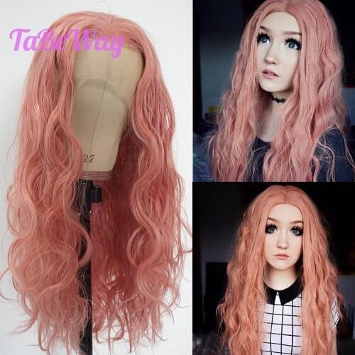 TaBeWay Pink Loose Wave Synthetic Lace Front Wig Long Hair Resistant Glueless with Natural Hairline for Women