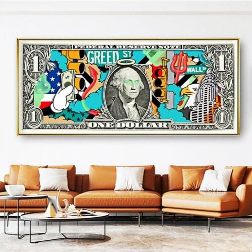 Graffiti Artwork One Dollar Canvas Posters and Print Funny Money Wall Art Painting Pictures for Modern Home Living Room Cuadros