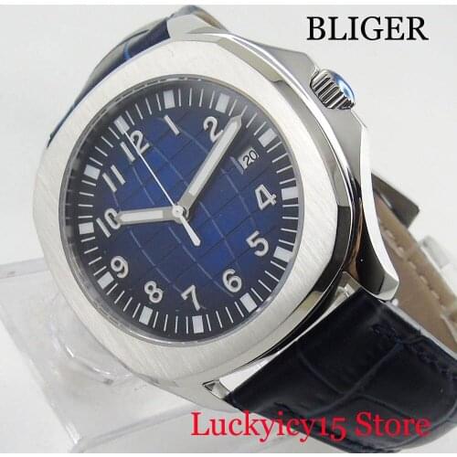 Simple Classic Nologo 39mm Automatic Mens Watch With Date Function Leather Strap Blue Dial