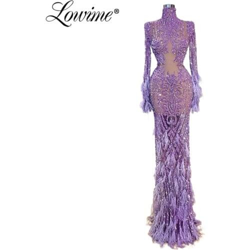 Dubai Long Sleeves See Through Evening Dresses Feathers Arabic Party Gowns 2020 Glitter Celebrity Dress Long Prom Dresses Custom