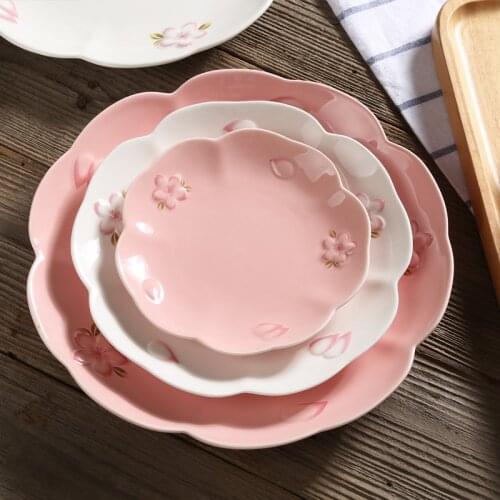 Cherry blossom pink relief ceramic plate household rice plate vegetable plate steak plate meal plate ceramic fruit plate