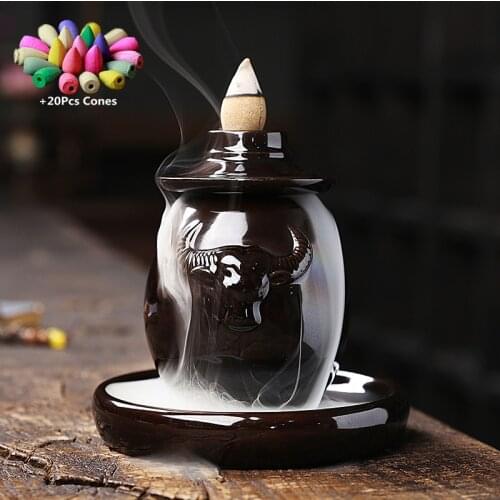 With 20Cones The Year Of The Ox Lucky Ornament Backflow Incense Burner Ceramic Censer Home Decor Handicrafts