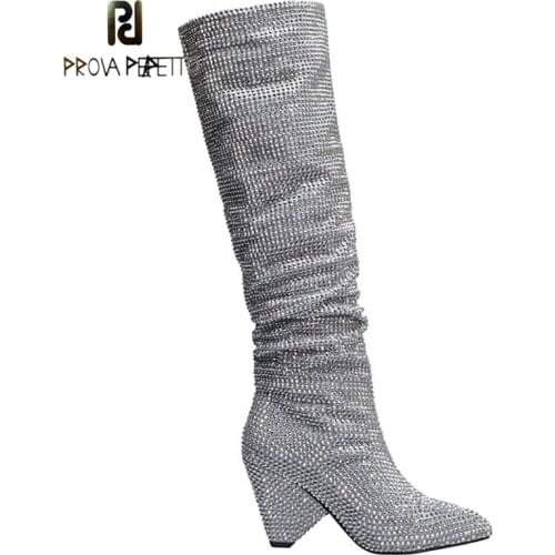 Silver Full Rhinestone One-step Sleeve Sequined Rhinestone Boots Pointed Cone Heel Ruffled Rivet Knee-length Boots Piled Boots