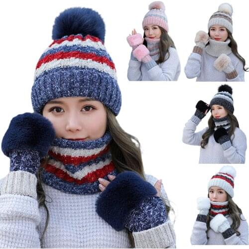 Hat Scarf Gloves Knitted Warm Muffler Winter Soft Mittens Cap Women Fashion skin-friendly breathable
