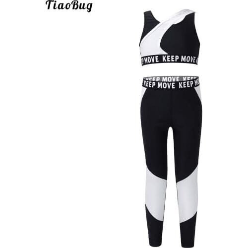 TiaoBug 2Pcs Kids Girls Summer Sport Suit Asymmetric Shoulder Straps Slant Straps Letters Print Cropped Top Elastic Pants Set