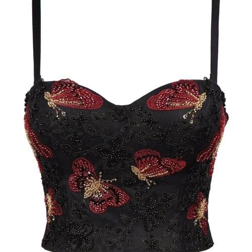 Beading Camisole Butterfly Pattern Embroidered Chest Wrapped Tube Top Bustier Bra Sexy Short Crop Vest Tops for Women Y1612