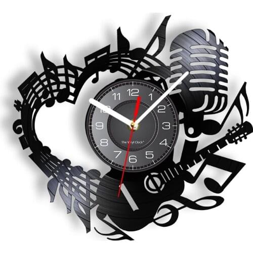 In Love WIth Music Laser Cut Longplay Wall Clock Heart Shaped Melody Microphone Guitar Vinyl Record Art Decor Gift For Musicians