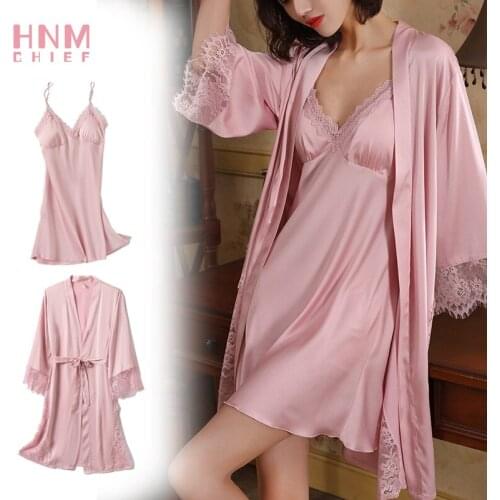 Bridesmaid Womens Two Piece Womens Satin Pajamas Sexy Lace Suspender Dress Robe Set Elegant Self Cultivation Bridesmaid Gift