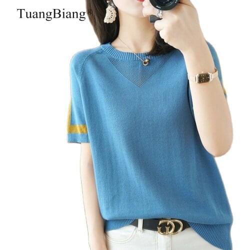 2021 Hollow Out Patchwork Striped Short Sleeve Pullovers Cotton Burgundy Thin Women Summer Loose Knit Tshirt Green Elastic Tops