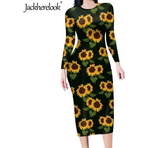Jackherelook Womens Sexy Bodycon Midi Pencil Dress Yellow Floral Sunflower Pattern Office Ladys Slim Dresses for Teen Girls