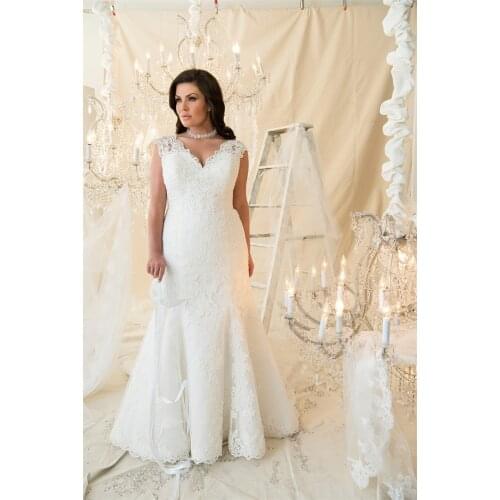 Robe De Mariage Cap Sleeve Lace Mermaid Wedding Dresses Plus Size V-neck Bridal Wedding Gowns Sweep Train Vestido De Noiva