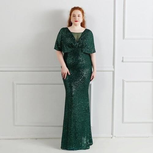 Evening Dress V-Neck Elegant Sequins Empire Pleat Short Sleeves Floor-Length Simple Mermaid Plus Size Women Formal Gowns D1273