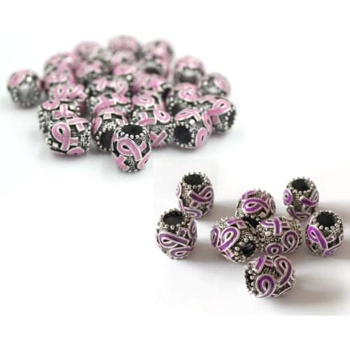 10pcs DIY Beads Zinc Alloy Breast Cancer Beads Big Hole Purple Pink Ribbon Beads For Bracelet Necklace European Beads Jewelry