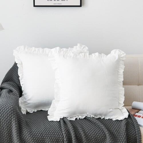 2pc Ins White Pink Gray Solid Color Lotus Leaf Lace Square Cushion Cover Nordic Washed Cotton Pillowcase Home Decoration 45X45cm