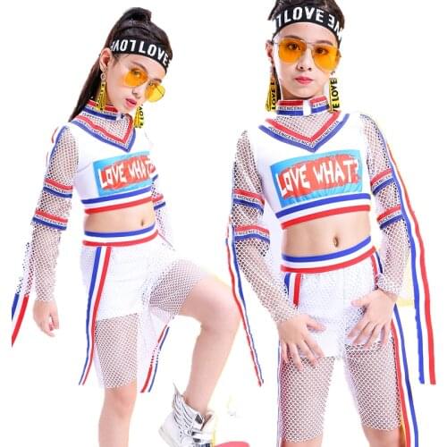 2021 New Hip Hop Dance Costumes Kids White Mesh Tops Shorts Girls Clothes Childrens Jazz Dancing Costume Stage Performance Wear