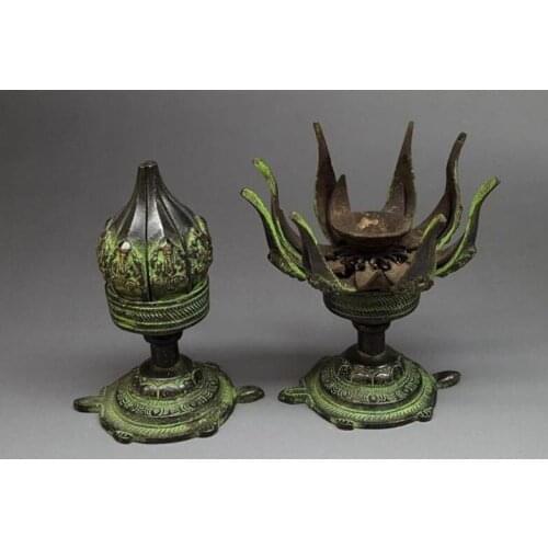 Antique bronze Candlestick ornaments antique Nepal longevity turtle lotus candle collection decorative