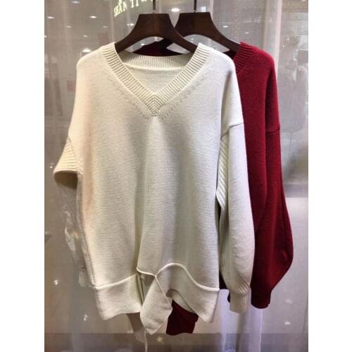 White / Red Knitted Wool Sweater Women Spring Long Sleeve Knitwear Sweater Casual Loose Korean V-Neck Pullovers