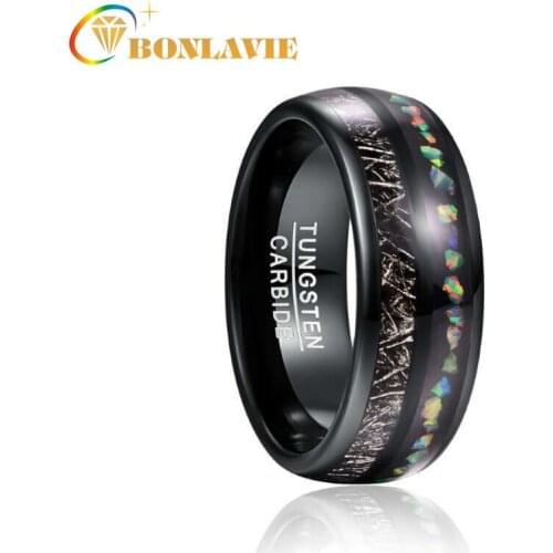 BONLAVIE 8mm Width Mens Ring Imitation Vermiculite Opal Granules Fully Polished Electroplated Black Dome Tungsten Carbide Ring