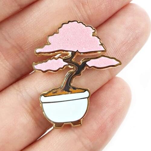 Cartoon Sakura Bonsai Plant Glitter Tree Brooch Pins Enamel Metal Badges Lapel Pin Brooches Fashion Jewelry Accessories