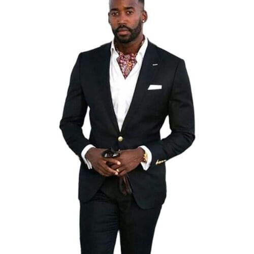 Black Business Men Suits Slim Fit African Wedding Tuxedos for Groom Peaked Lapel Male Fashion Jacket with Pants Dinner Party