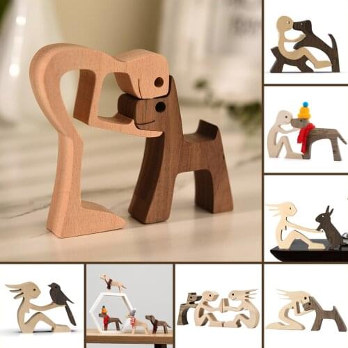 Family Wooden Dog Crafts Human and Dog Desktop Decoration Pet Sculpture