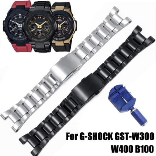 For Casio G-SHOCK GST-W300 W400 GST-B100 Stainless Steel Band GSHOCK Replace Watch Strap 3 Beads Silver Black Metal Watchband