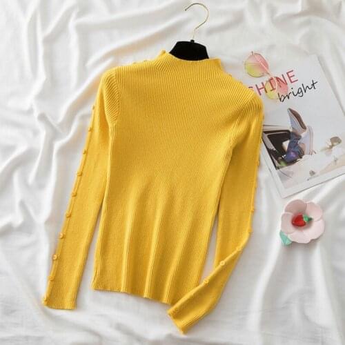 Jumper Mujer Thin Knitted Sweater Women Button Pullover Solid Basic Long Sleeve Mock Neck Korean 2021 Winter Knit Pull Femme Top