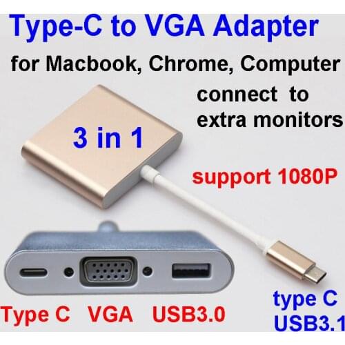 3 in 1 USB3.1 Type C to VGA USB3.0 Hub Charging Cable extra additional monitors Adapter For Mobile phone MacBook type C devices