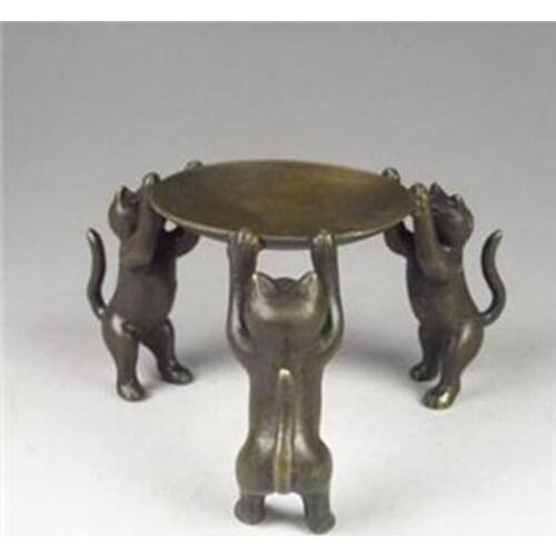 Chinese Bronze Plate Cats Animal 3 Cat oil lamp Candle Holder Candlestick statue