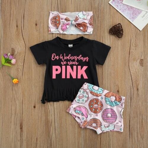 3pcs Lovely Baby Girls Summer Clothes Sets Letter Short Sleeve Tassel T Shirts Donuts Printed Shorts Headband 0-24M