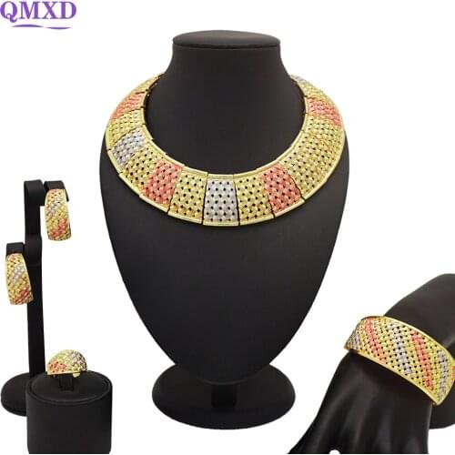 3 Tone Dubai Gold Jewelry Sets Nigerian Wedding African Beads Crystal Bridal Jewellery Set Rhinestone Ethiopian Jewelry parure