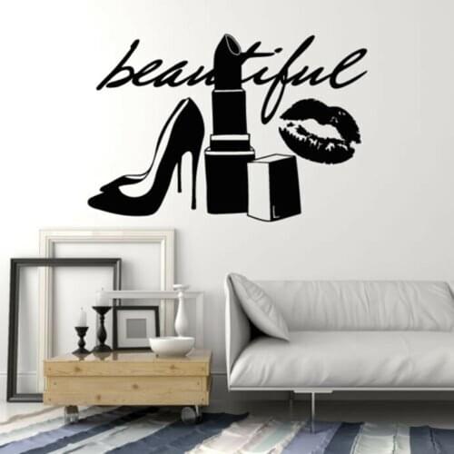 Beautiful Fashionable Lipstick Shoes Wall Stickers for Girls Room Vinyl Wall Decal Lettering Beauty Salon Bedroom Decor P293