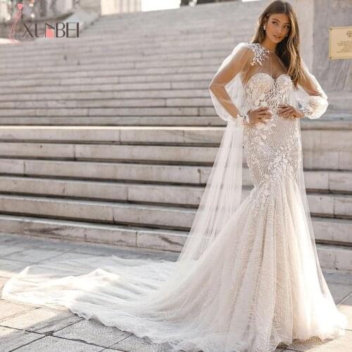 New Arrivals 3D Flowers Mermaid Wrap Wedding Dresses With Detachable Cape Lace Wedding Gowns Sweetheart Long Tulle Bride Dresses