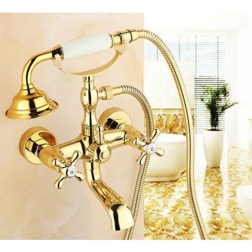 Luxury Golden Brass Double Handles Clawfoot Bathroom Tub Faucet w/ Telephone Style Handshower - Wall Mount atf123