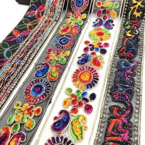 1 Yards Embroidered Fabric Ethnic Gold Thread Sequins African Lace Trims Ribbon DIY Sewing Dress Decoration Sewing