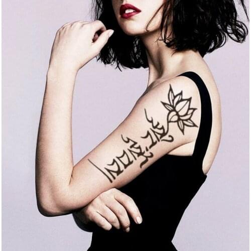 Temporary Tattoo Stickers Black Tibetan Buddhism Sanskrit Lotus Fake Tattoos Waterproof Tatoos Arm Legs Large Size for Women Men