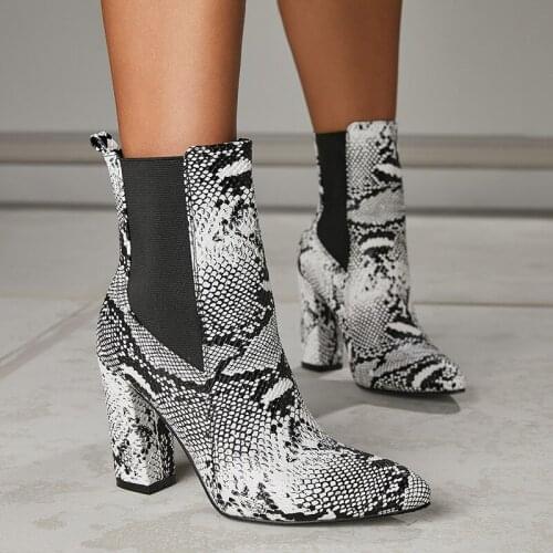 Womens shoes high heel PU non-slip square heel shoes 9.5 cm pointed snakeskin boots Womens boots