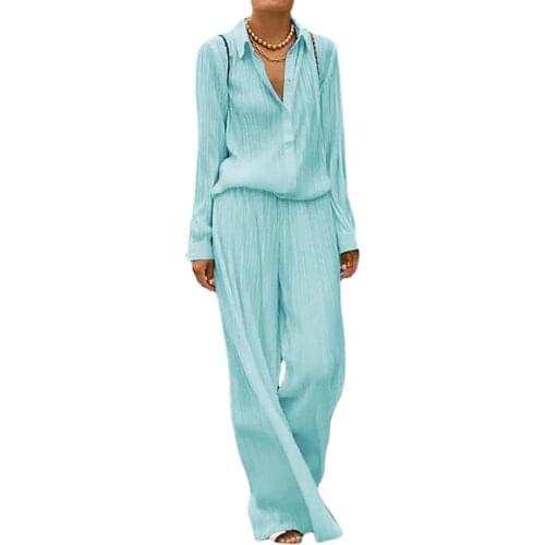 Womens Wear Pants Suit Solid Color Long Sleeve Shirt Loose Pants Two Piece Set Legant Office Lady Outfit Suits