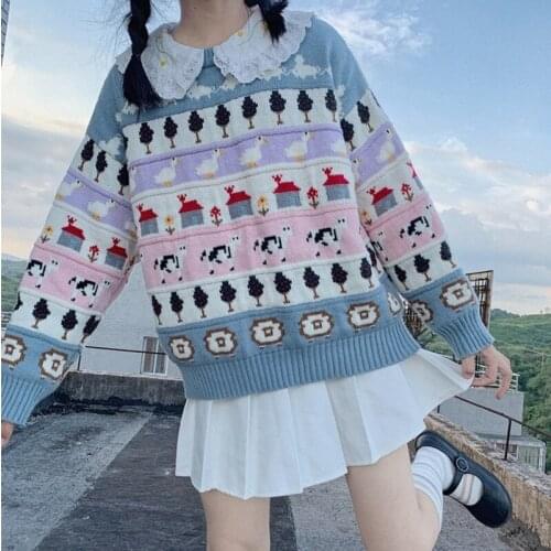 Cute Cartoon Animal Embroidery Women Sweater Kawaii Loose Harajuku Clothing Pull Knitted Sweet Pullover Top Femme Sweaters Mujer