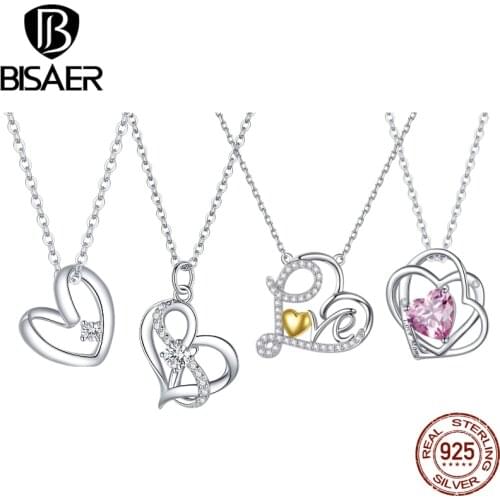 BISAER 925 Sterling Silver Love Heart Necklace Elegant Jewelry Best Gift For Lover family Fashion Design Women Jewelry ECN442