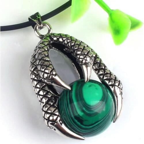 100-Unique 1 Pcs Silver Plated Dragon Claw Malachite Round Stone Beads Pendant For Party Jewelry