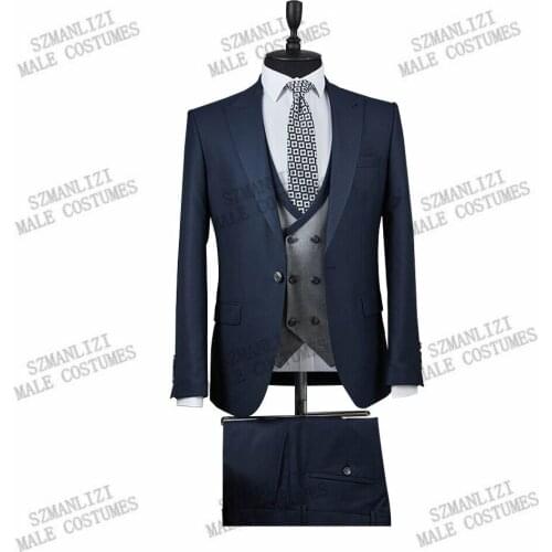 2021 Costume Homme Navy Blue Wedding Suits For Men Groom Tuxedo Peaked Lapel Trajes De Hombre Blazer Terno Masculino Mens Suits