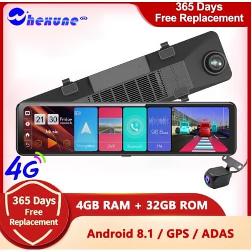WHEXUNE Android 8.1 4GB+32GB 4G 12 Inch Car Rearview Mirror Stream Media GPS Dash Cam Dual LENS 1080P Camera ADAS WIFI Car Dvr