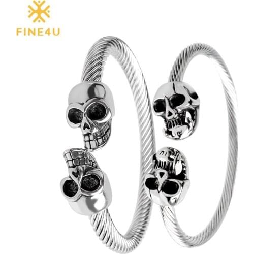FINE4U B054 Skull Cuff Bracelet Bangles For Men Women 316L Stainless Steel Twisted Cable Bracelets